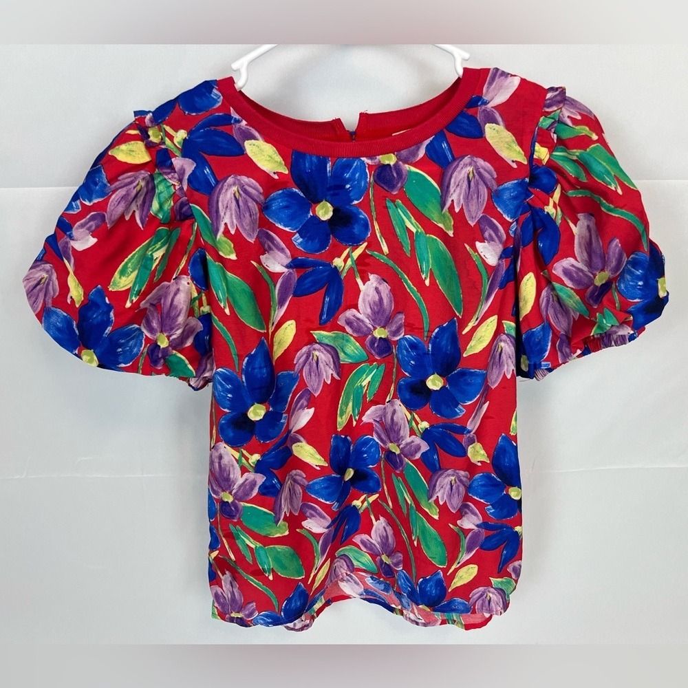 Skies Are Blue Red Floral Puff Sleeve Blouse Top Small